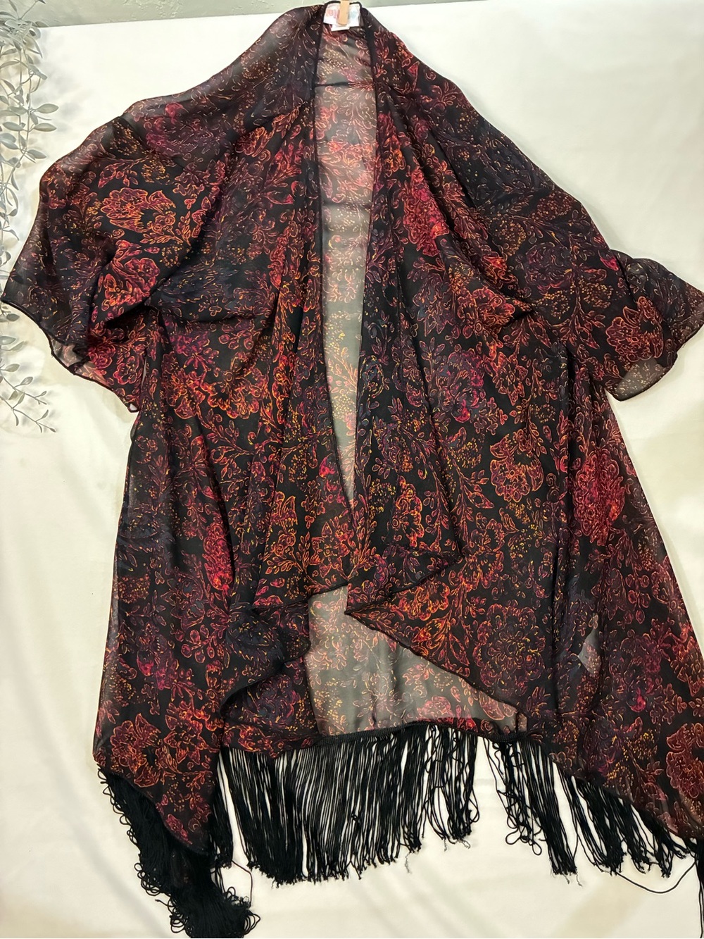 LuLaRoe Black Sheer Floral Fringe Kimono with Red and Orange Print